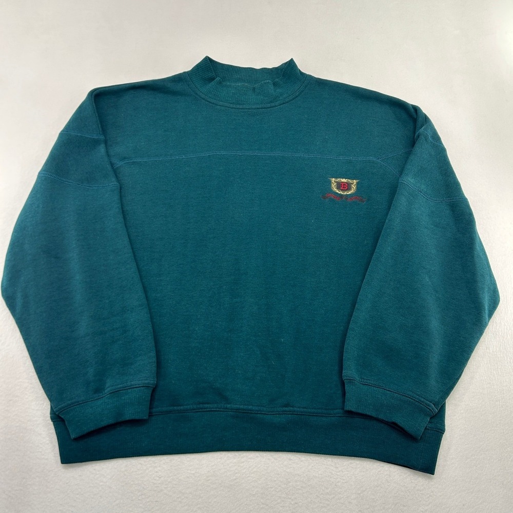 Bugle Boy Co Mens Vintage Mock Neck Sweatshirt Teal Green Embroidered Crest L